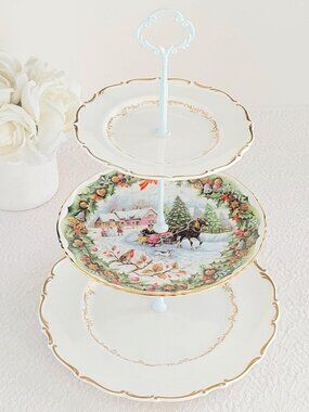 Christmas 3 Tier Cake Stand, Winter Sleigh Scene Serving Tray, Vintage English B